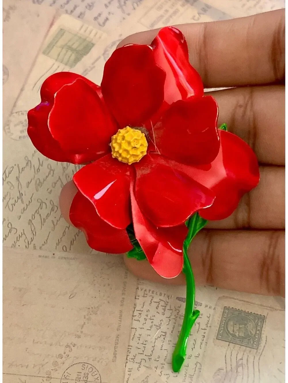 Vintage Enamel Bright Red Flower Brooch Pin with Glossy Finish and Yellow Center
